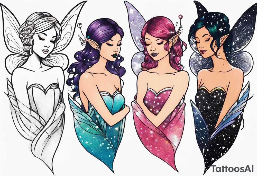 4 different fairies with sparkles and unique wings tattoo idea