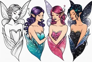 4 different fairies with sparkles and unique wings tattoo idea