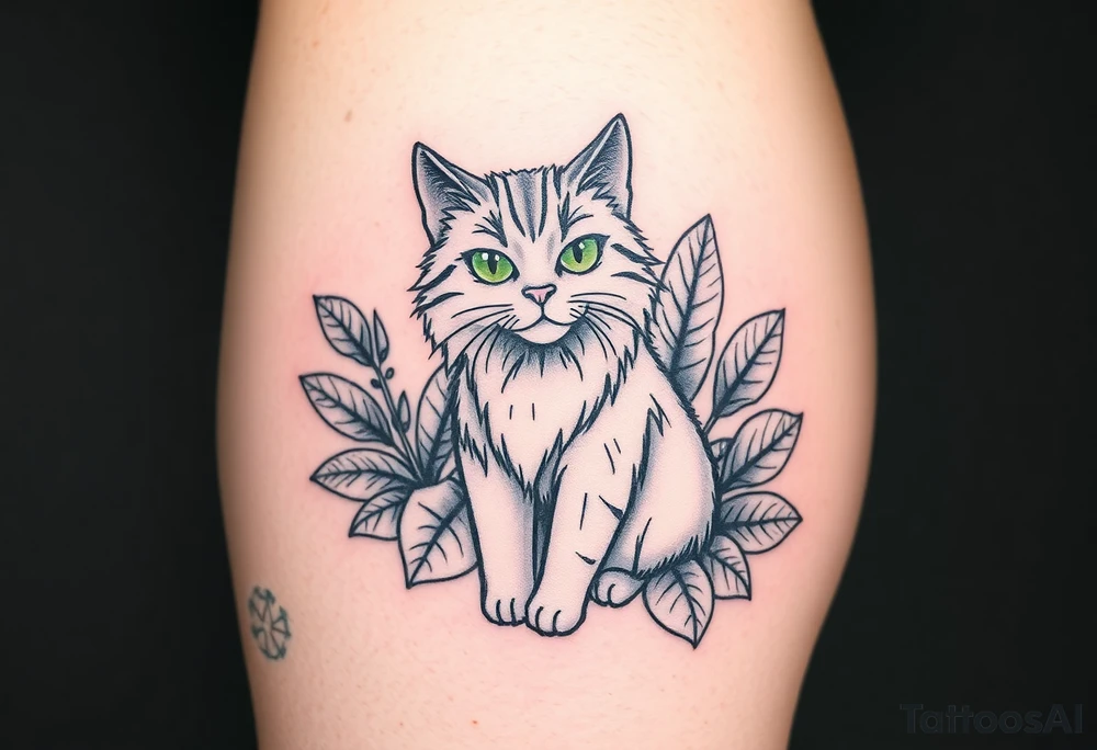 6x6 Minimalist cartoon style tattoo for back of thigh of along haired grey cat with green eyes surrounded buy house plants with huge green leaves tattoo idea