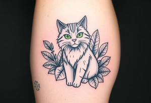 6x6 Minimalist cartoon style tattoo for back of thigh of along haired grey cat with green eyes surrounded buy house plants with huge green leaves tattoo idea