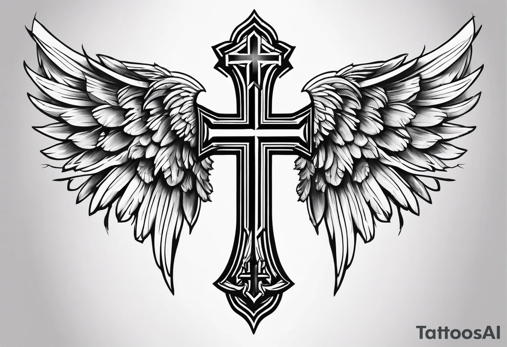 angel wings tattoo with a cross and the letters DJ in it tattoo idea