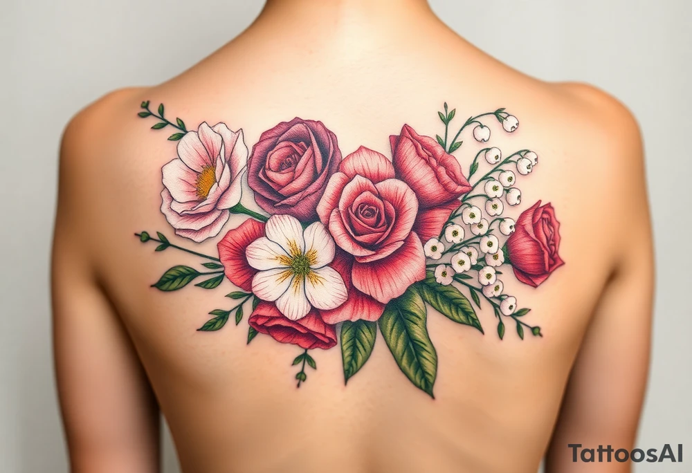 BouquetCarnation, Astor, Rose, Lily of the valley, Larkspur with realistic, stems, running down middle of the back With no black tattoo idea