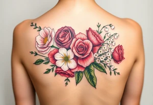 BouquetCarnation, Astor, Rose, Lily of the valley, Larkspur with realistic, stems, running down middle of the back With no black tattoo idea