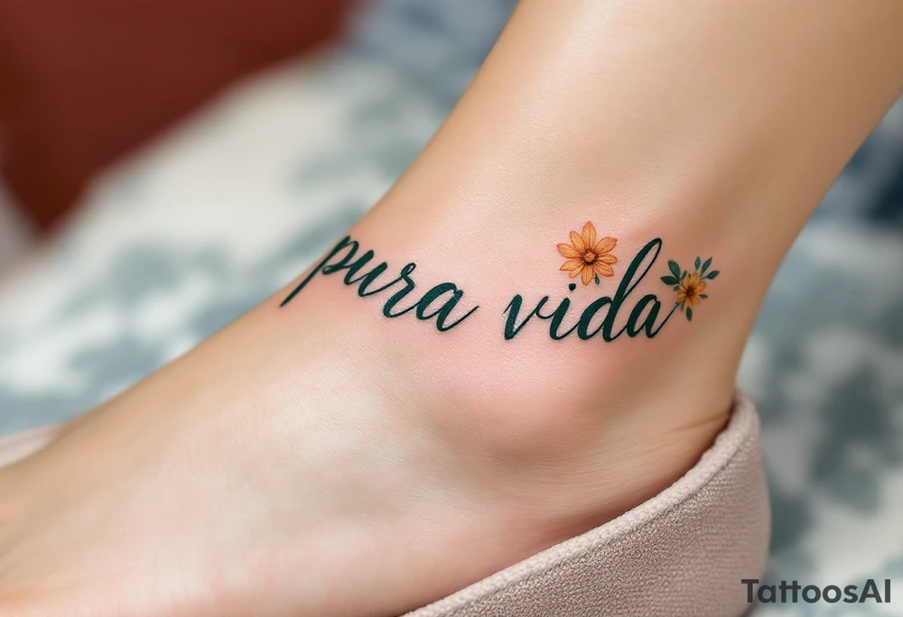 “Pura Vida” curving along the ankle, in dark green, surrounded by tiny wildflowers in orange and yellow. tattoo idea