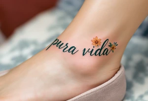 “Pura Vida” curving along the ankle, in dark green, surrounded by tiny wildflowers in orange and yellow. tattoo idea