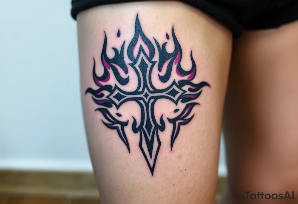 A black upside down cross engulfed in dark purple flames, tattoo idea
