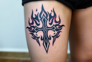 A black upside down cross engulfed in dark purple flames, tattoo idea