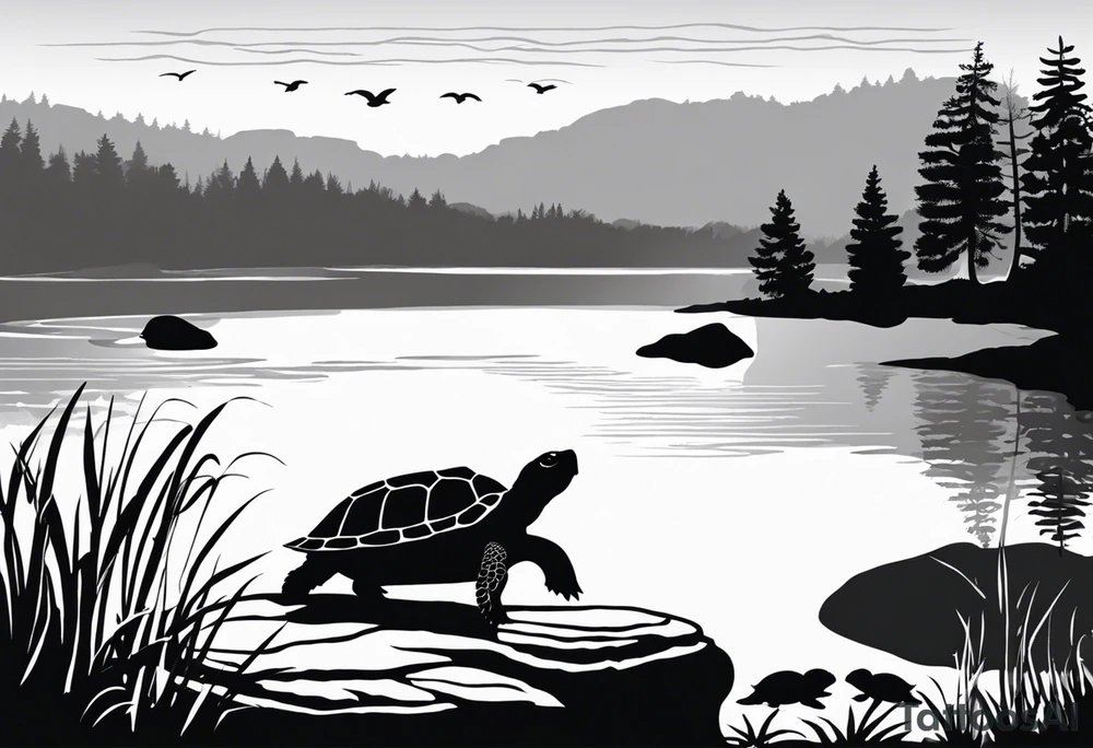 Black and white silhouette illustration of a parent turtle standing proudly on a rock, overlooking its curious hatchling. The parent turtle's expression is gentle and loving, while the hatchling gazes up with wide, admiring eyes. The scene includes minimal outlines of a calm lake and trees framing the illustration. The background is simple, with soft, flowing lines to suggest the peaceful setting. The focus is on the bond between the turtles, captured in clear, bold black silhouettes against the serene, minimalist environment. tattoo idea