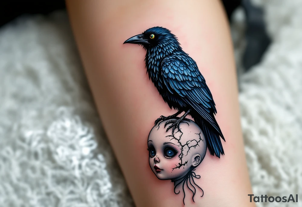 Tim Burton’s stitched raven perches on a broken doll’s head, feathers tinted in dull blues and grays. tattoo idea