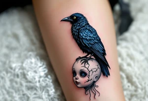 Tim Burton’s stitched raven perches on a broken doll’s head, feathers tinted in dull blues and grays. tattoo idea