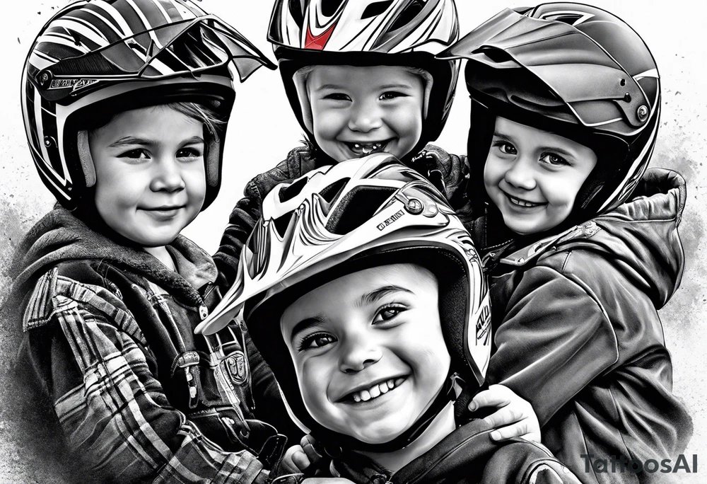 4 children: 1 boy with a motocross bike, 1 girl who loves horses, 1 boy who is deaf and 1 girl who is a baby tattoo idea