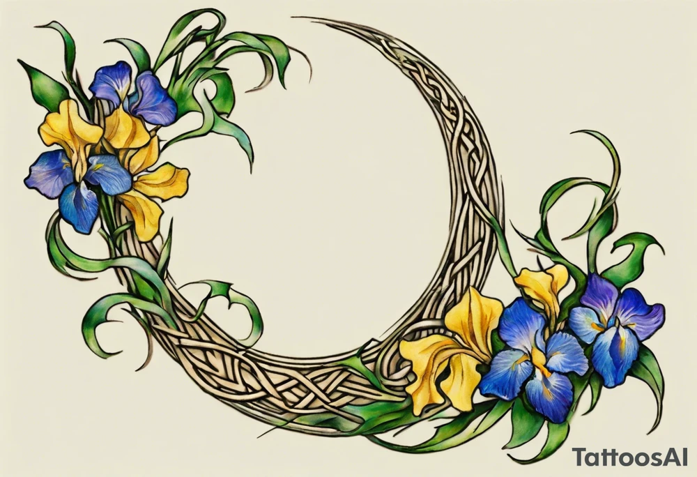 Create a small, colorful Vincent van Gogh Irises tattoo in the form of a crescent, with vines in Celtic knot style gracefully intertwining at a central point in the middle of the wreath. The intended placement is on the upper chest. The middle needs mountains. The overall design should be small in size while maintaining a delicate and artistic aesthetic. Pay attention to the graceful flow of the vines and the placement of the irises to achieve a refined and elegant look. tattoo idea