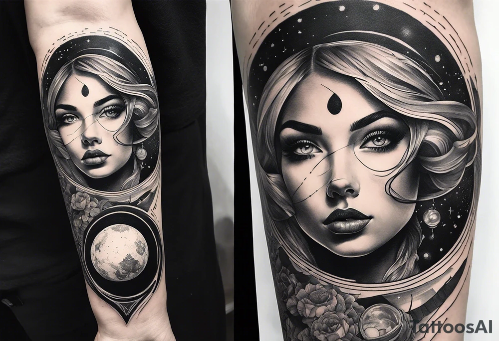 A surrealistic forarm tattoo featuring beautiful woman’s face with glowing eyes holding a planet in her hand. Above her head is a man being lifted up into a black hole tattoo idea
