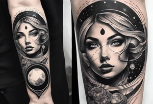 A surrealistic forarm tattoo featuring beautiful woman’s face with glowing eyes holding a planet in her hand. Above her head is a man being lifted up into a black hole tattoo idea