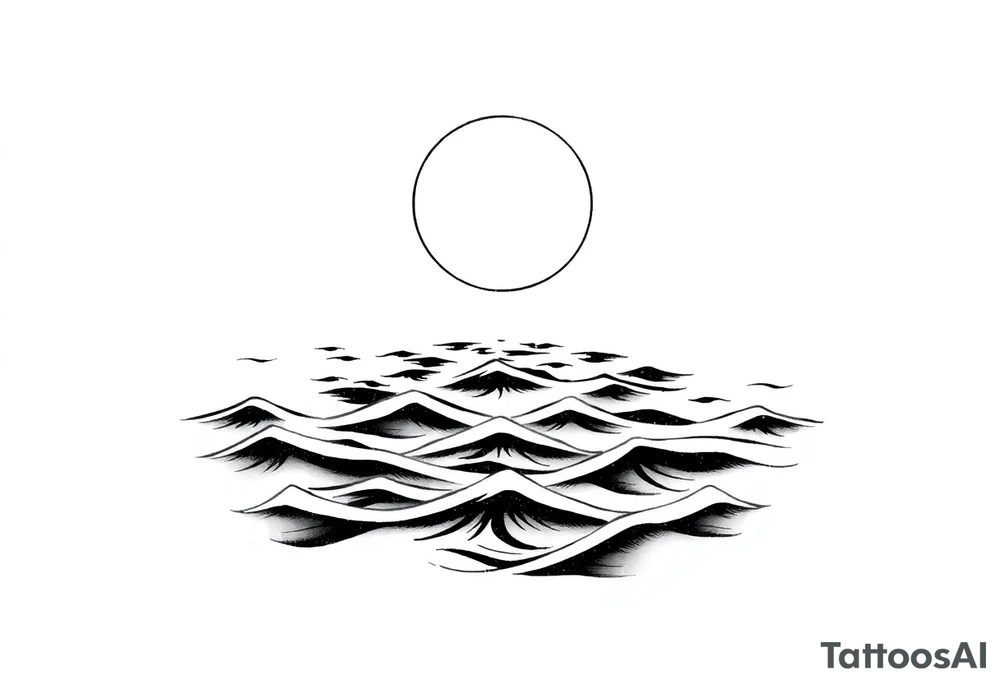 Black and white tattoo design, marine theme. Calm sea waves with a clear horizon line. Above the horizon, a large sun or moon glowing softly, with subtle Norse runes (Algiz, Raido) blended into the light. Minimalistic, elegant, not aggressive, not too masculine or feminine. Line art style, suitable for forearm tattoo. tattoo idea