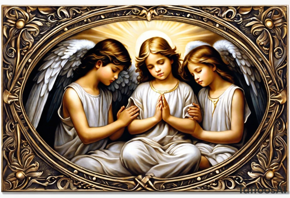 In the center of the tattoo, there's a serene scene of three angels praying together. The two boy angels are on either side of the girl angel, with their wings gently enfolding her in a protective embrace. Each angel has a peaceful expression on their face, and their hands are clasped together in prayer. Rays of light emanate from above, surrounding the angels with a divine glow.

The girl angel could be depicted with slightly softer features, perhaps wearing a flowing gown or robe, symbolizing purity and grace. The boy angels might have a more sturdy and protective appearance, with strong wings and expressions of compassion and strength. tattoo idea
