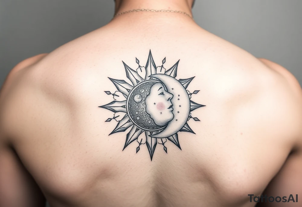 celestial sun and moon embrace with constellation patterns simple tattoo idea