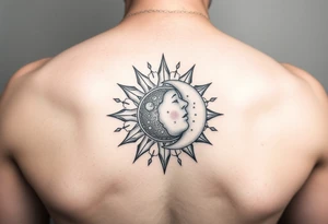 celestial sun and moon embrace with constellation patterns simple tattoo idea