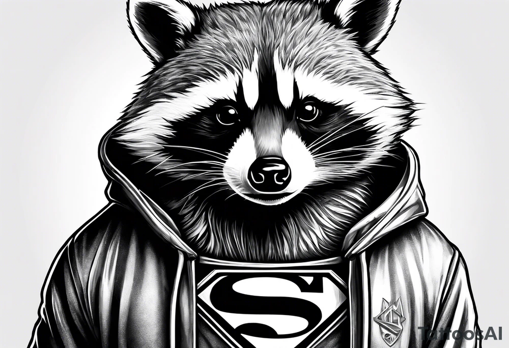 raccoon wearing a Superman hoodie tattoo idea