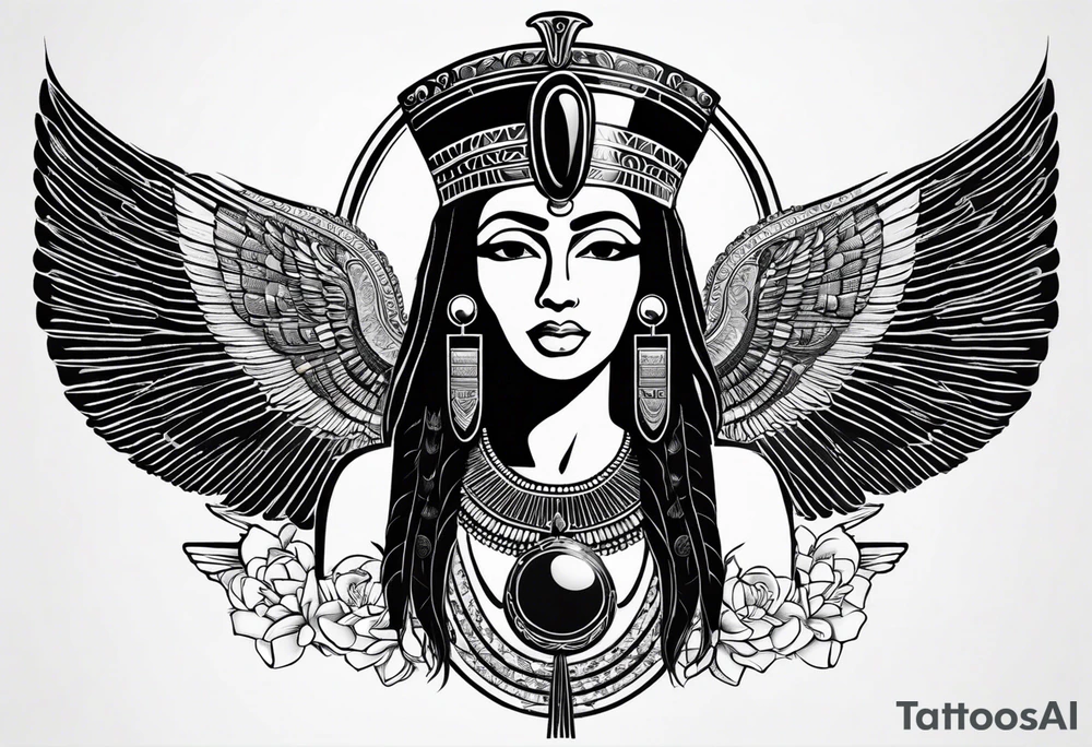 black and white Egyptian goddess Isis, who is often depicted as a woman with outstretched wings, holding an ankh (a symbol of life) in one hand and a lotus flower in the other. Her headdress often includes a throne or a solar disk. The tattoo design can vary in style and size, but it typically aims to capture the essence of this revered Egyptian deity, emphasizing her beauty, power, and maternal qualities. The choice of colors and additional elements can also be customized to create a unique and visually striking representation of the goddess Isis tattoo idea