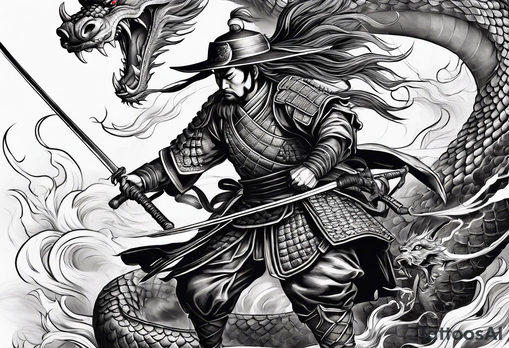 a japanese samurai fighting a dragon in battle tattoo idea