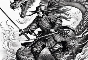 a japanese samurai fighting a dragon in battle tattoo idea