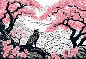 Cherry blossom forest with kitsune silhouette and an owl silhouette tattoo idea