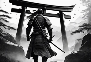 A samurai and his sword, the torii gates, scandinavian style andrunes tattoo idea