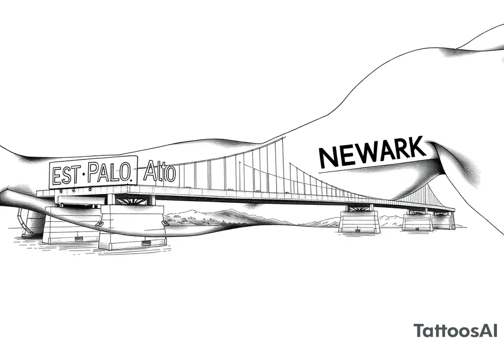 A bridge over water with two cities on the side. The city signs on the side of the bridge. East Palo Alto on the left and Newark on the right tattoo idea