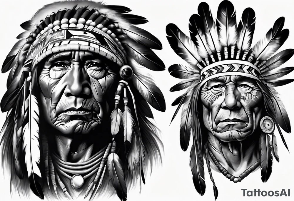 Native American theme man face photorealism tattoo idea