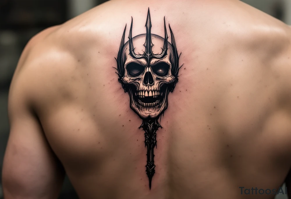 laughing skeleton face behind trident tattoo idea
