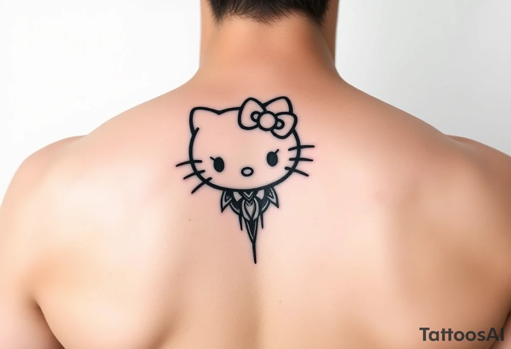 white background, cyber sigilism art / neo primal inspired hello kitty tattoo idea