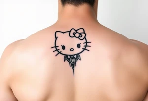 white background, cyber sigilism art / neo primal inspired hello kitty tattoo idea