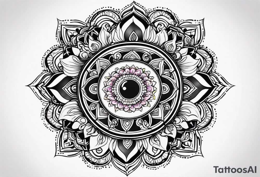 Mandala tattoo that incorporates yin and yang and music tattoo idea