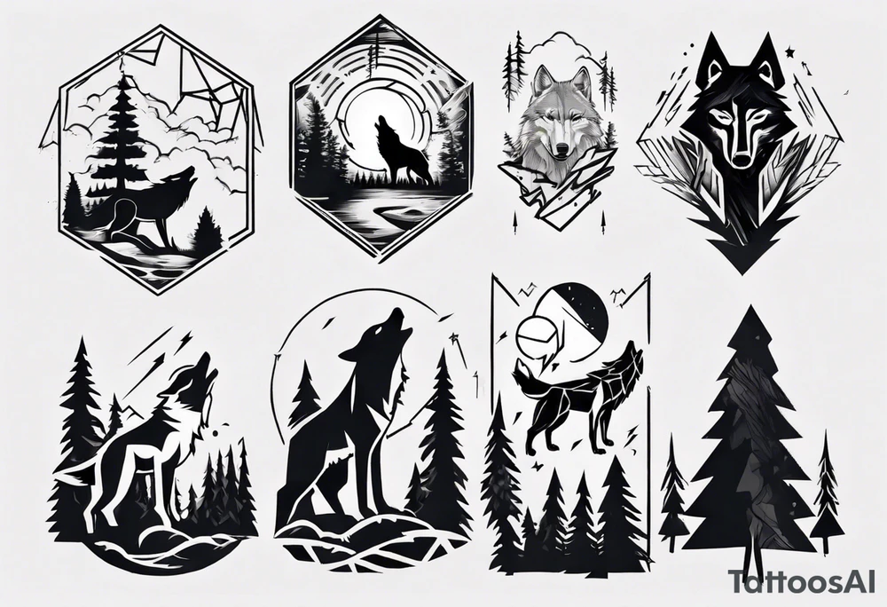 lightning over forest with wolf howling tattoo idea