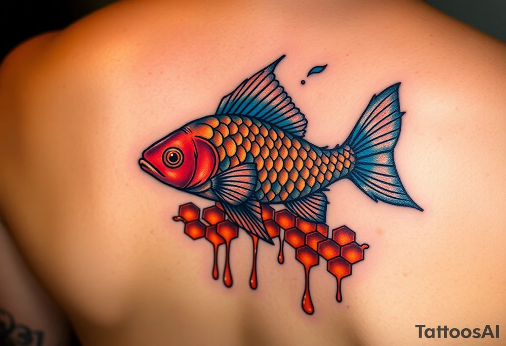 Coi fish swimming through dripping honey comb tattoo idea