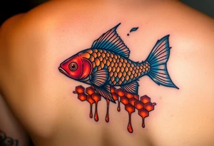 Coi fish swimming through dripping honey comb tattoo idea