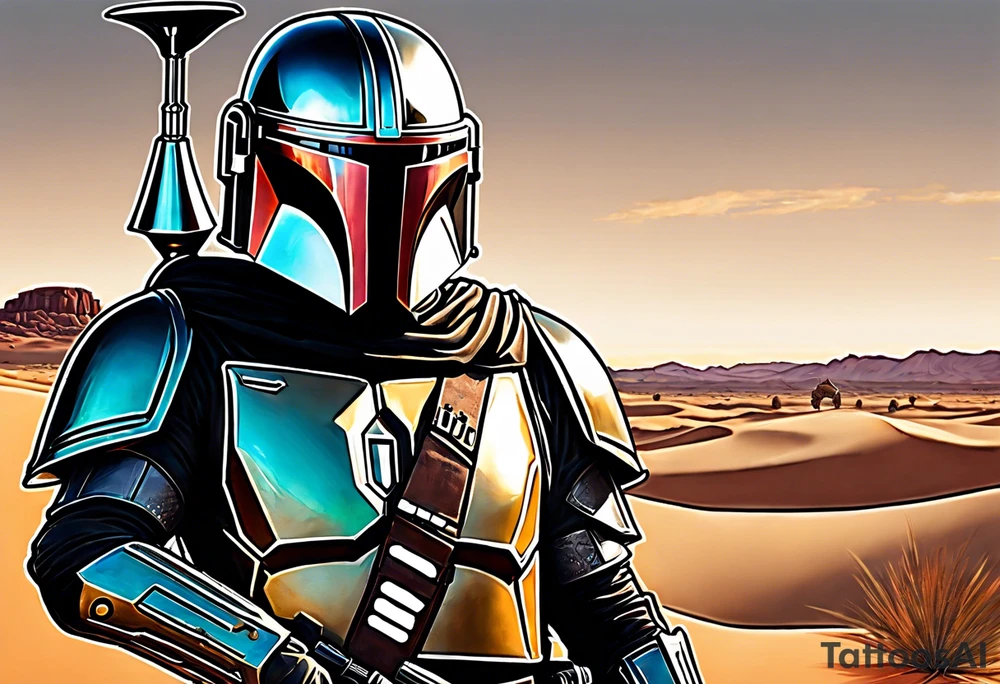 Grogu wearing black mandalorian armor,  with a lightsaber in the desert tattoo idea