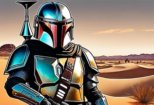 Grogu wearing black mandalorian armor,  with a lightsaber in the desert tattoo idea