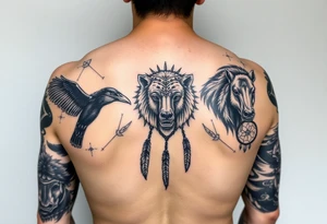 Native American 3/4 arm sleeve with black and grey realism featuring a raven, wild horses, a grizzly with scars over his eyes, and a dream catcher tattoo idea
