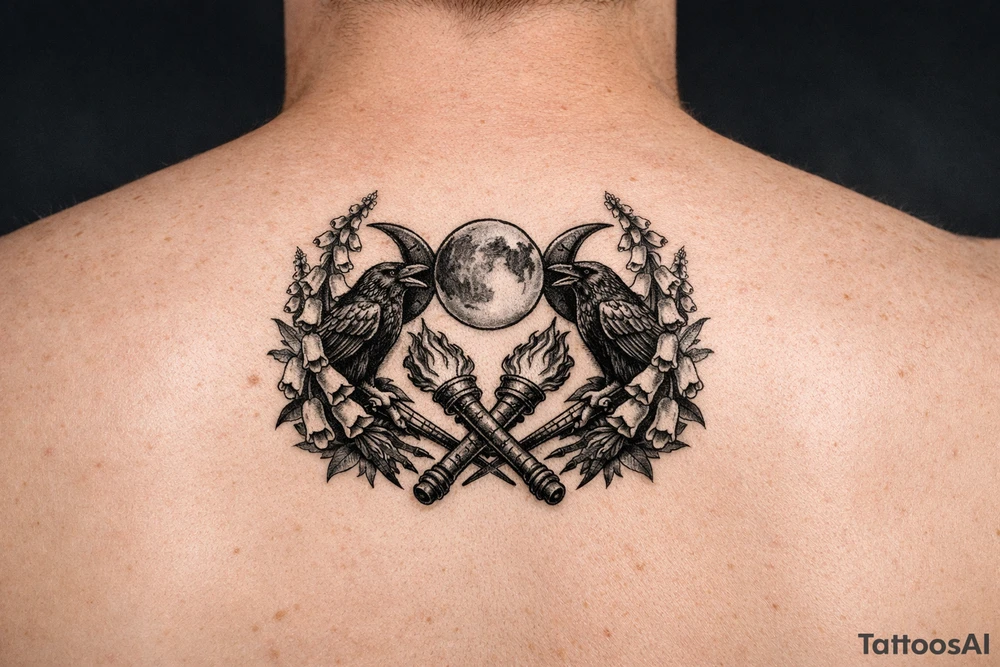 A stylized triple moon with ravens and crossing torches, framed by foxglove. tattoo idea