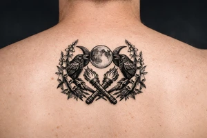 A stylized triple moon with ravens and crossing torches, framed by foxglove. tattoo idea