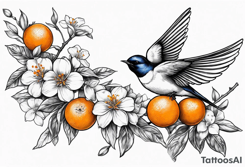 swallow flying off of branch with orange blossoms tattoo idea
