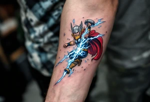 A comic book-style Thor mid-flight, striking lightning down with Mjölnir, in reds, blues, and silvers with dynamic shading. tattoo idea