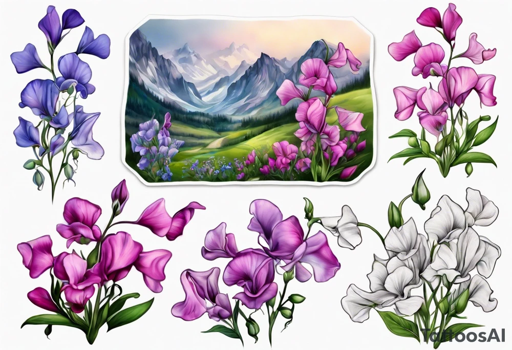 mountain landscape of cascading field 
sweet pea flowers, multi color tattoo idea