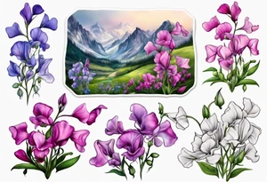 mountain landscape of cascading field 
sweet pea flowers, multi color tattoo idea