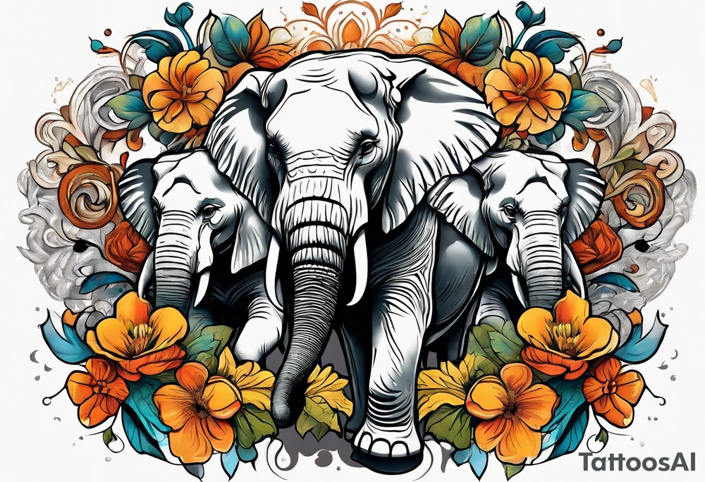 Two lions a elephant and a oak tree and flowers tattoo idea