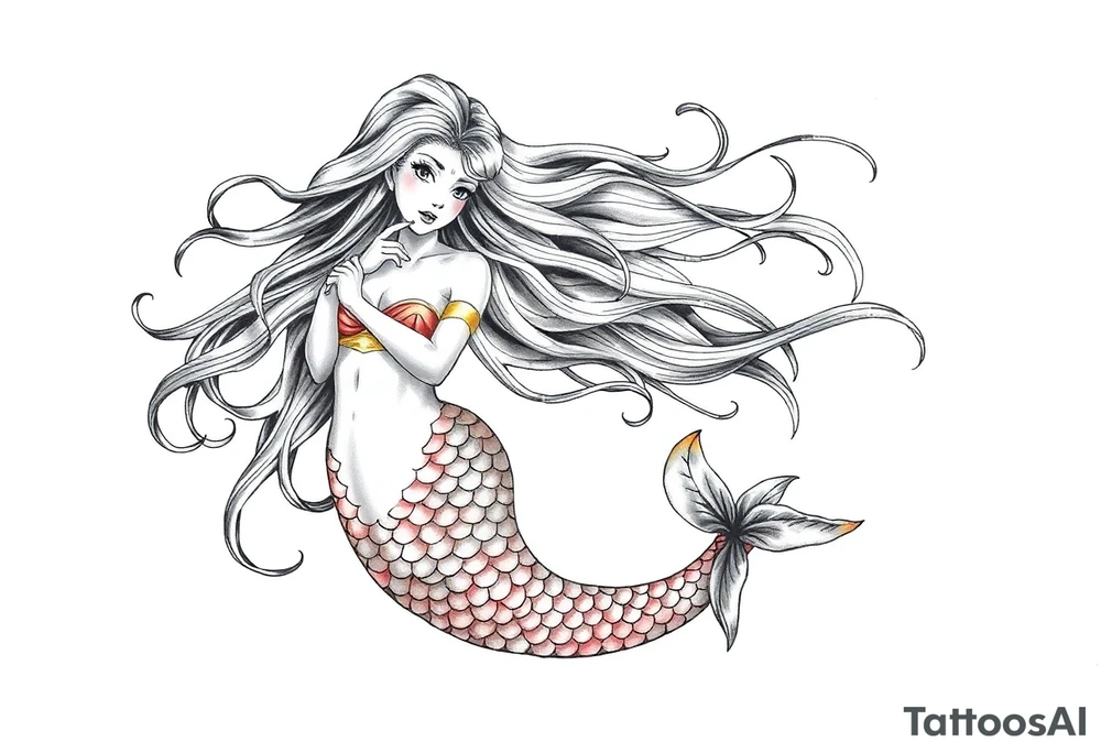 mermaid with flowing hair tattoo idea