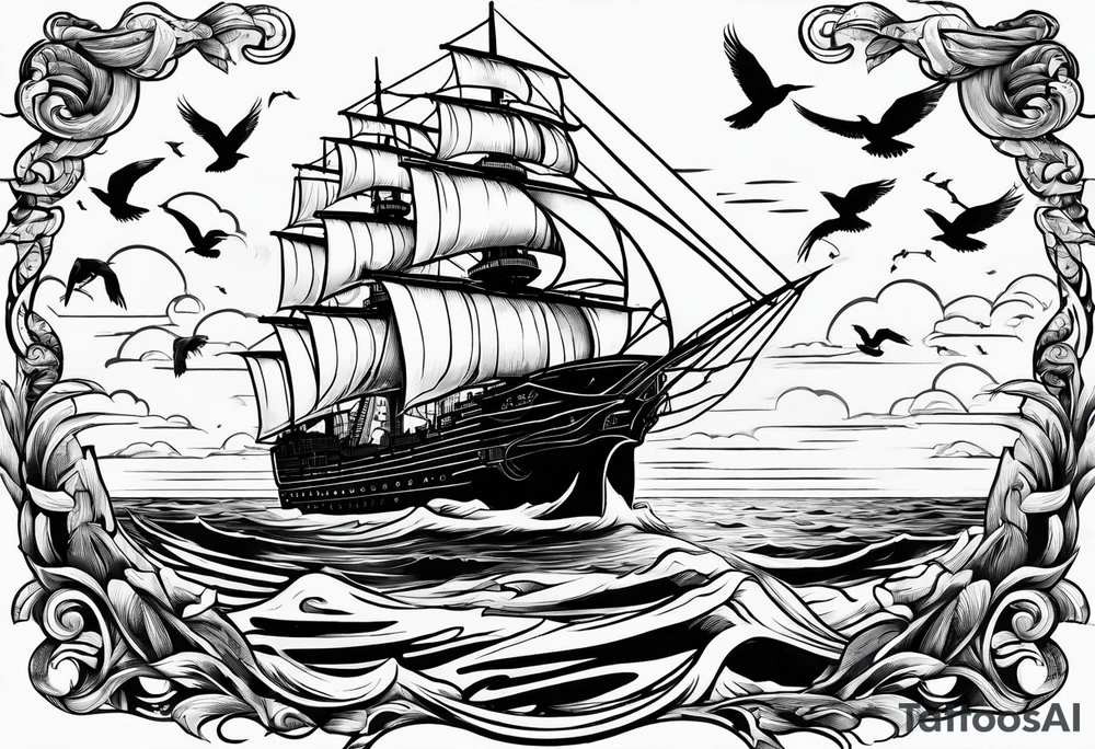 huge ship in the sea with sun on the sky and birds
without many details tattoo idea