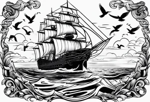 huge ship in the sea with sun on the sky and birds
without many details tattoo idea